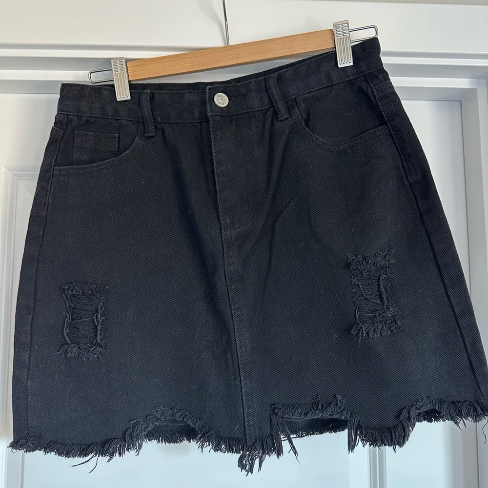 Black Distressed Denim Skirt